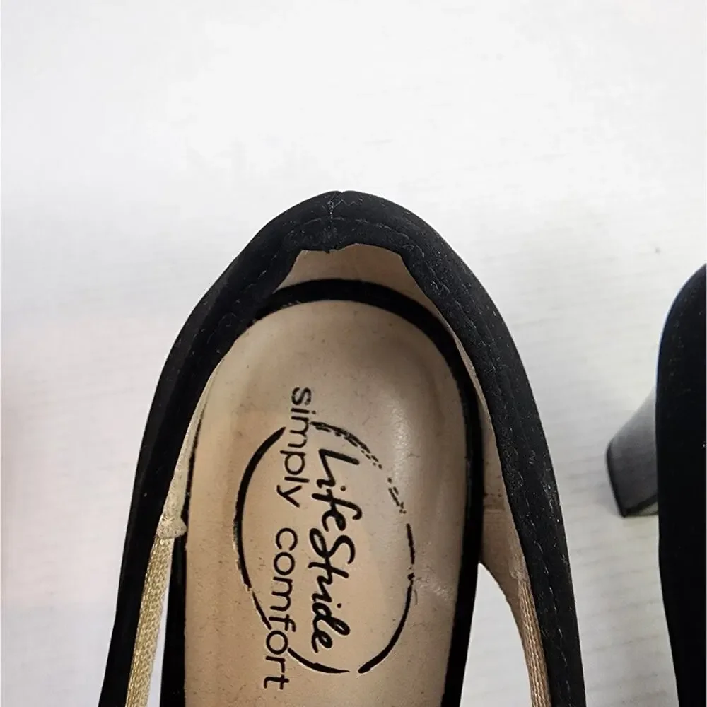Lifestride Simply Comfort Black Suede Stretch Heels Peep‎ Toe Women's Size 7.5